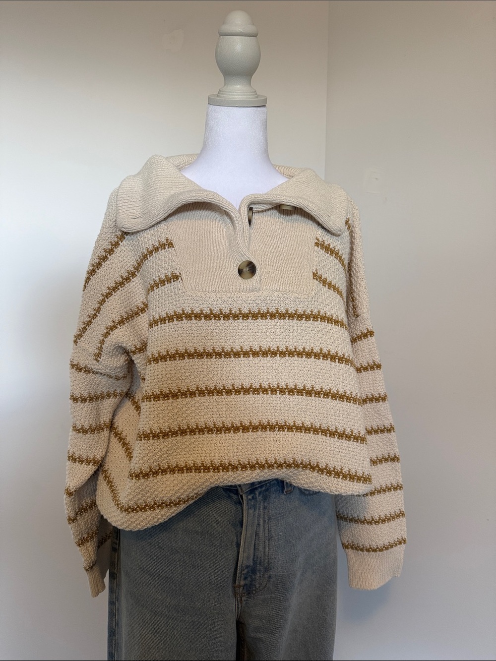 Madewell Cream Striped Button-Collar Sweater